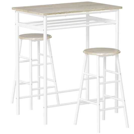 AI62 Decor Bar Table & Stools Set with Footrest & Shelf – White & Oak