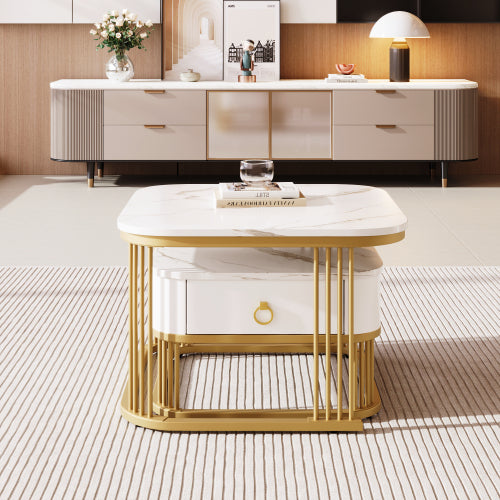 AI62 Decor High Gloss Marble Nesting Coffee Tables with Gold Accents