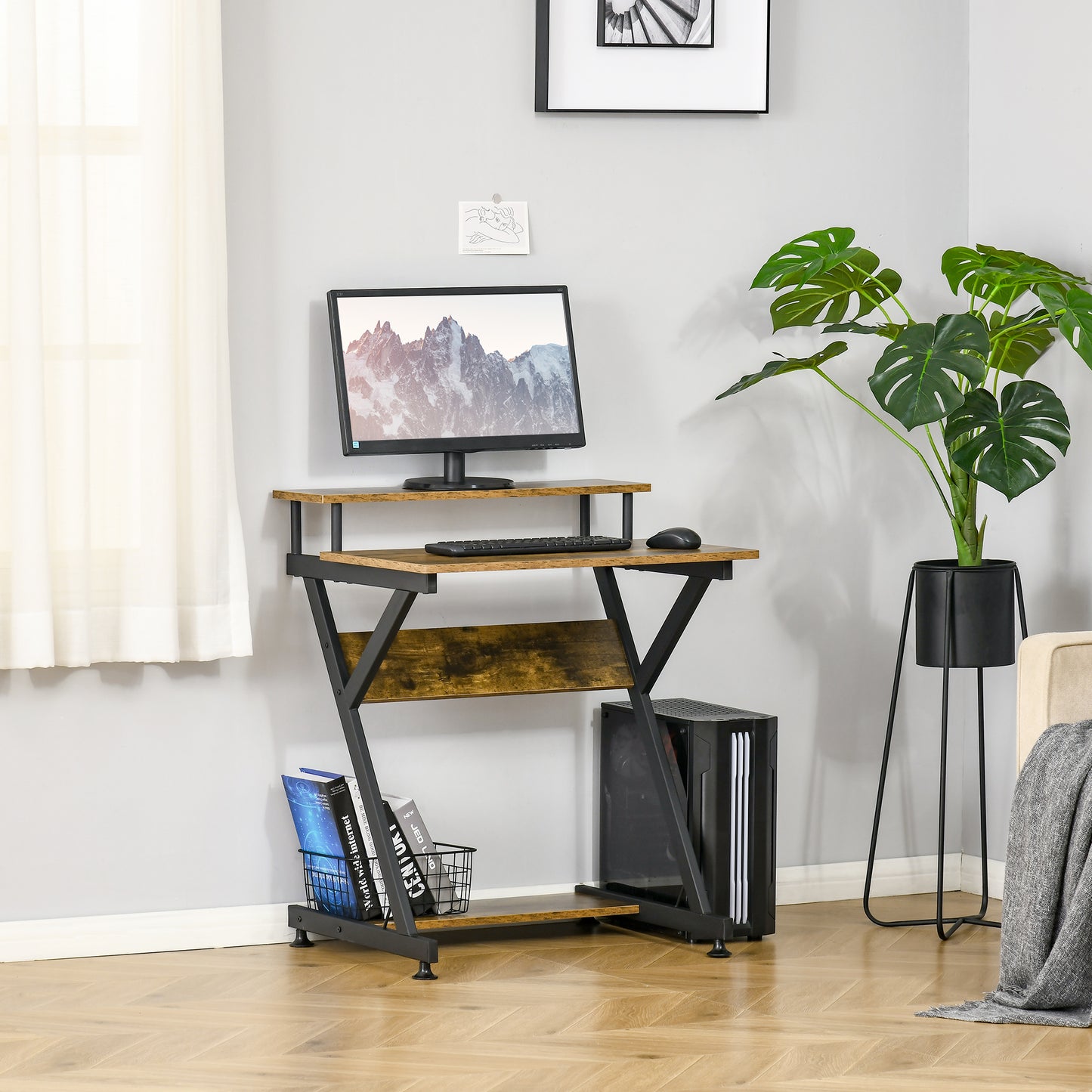 AI62 Decor  Compact Home Office Desk, Rustic Brown with Monitor Stand