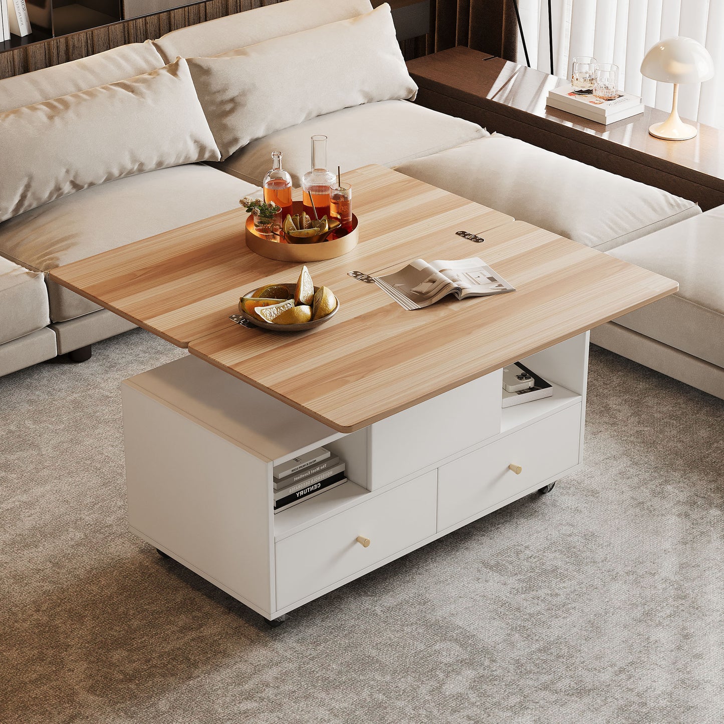 AI62 Decor Lift Top Coffee Table with Wheels & 4 Drawers
