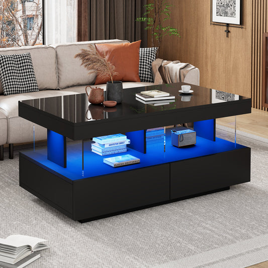 AI62 Decor High-Gloss Black Coffee Table with 2 Drawers