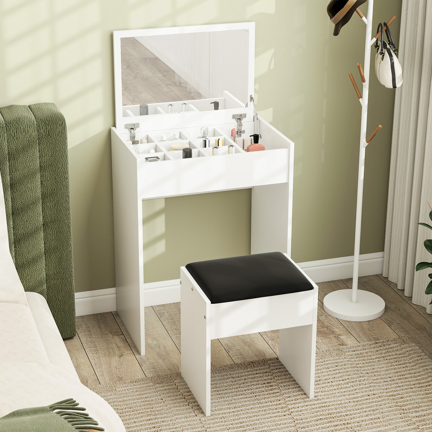 AI62 DecorVanity Dressing Table with Mirror & Stool – White