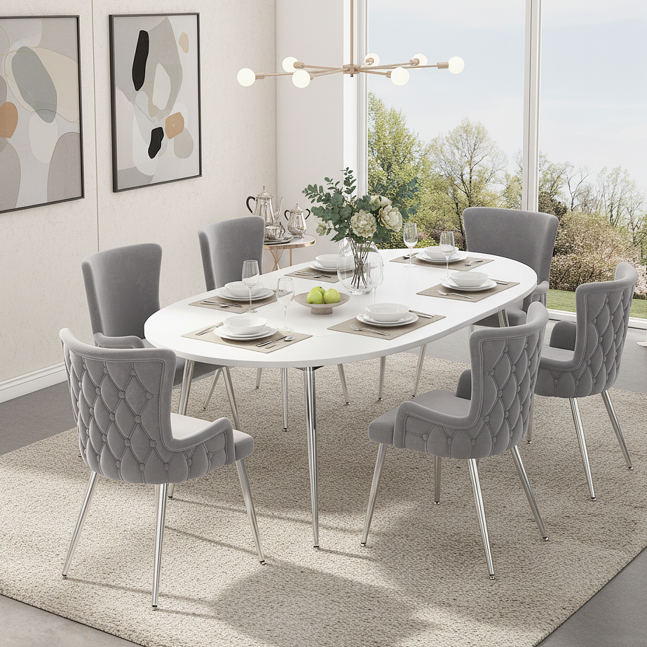 AI62 Decor Set of 6 Grey Velvet Dining Chairs with Silver Legs