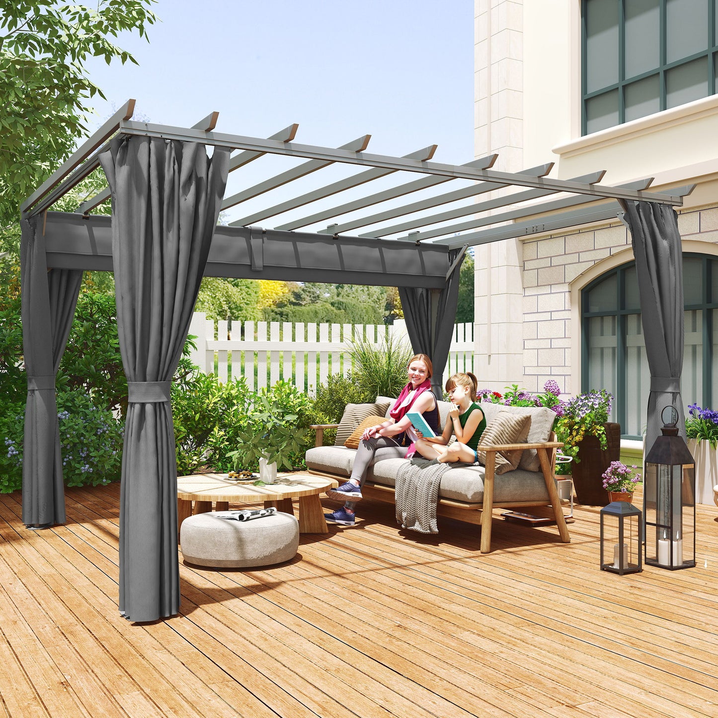 AI62 Decor 3.6x3m Pergola with Adjustable Roof & Privacy Curtains