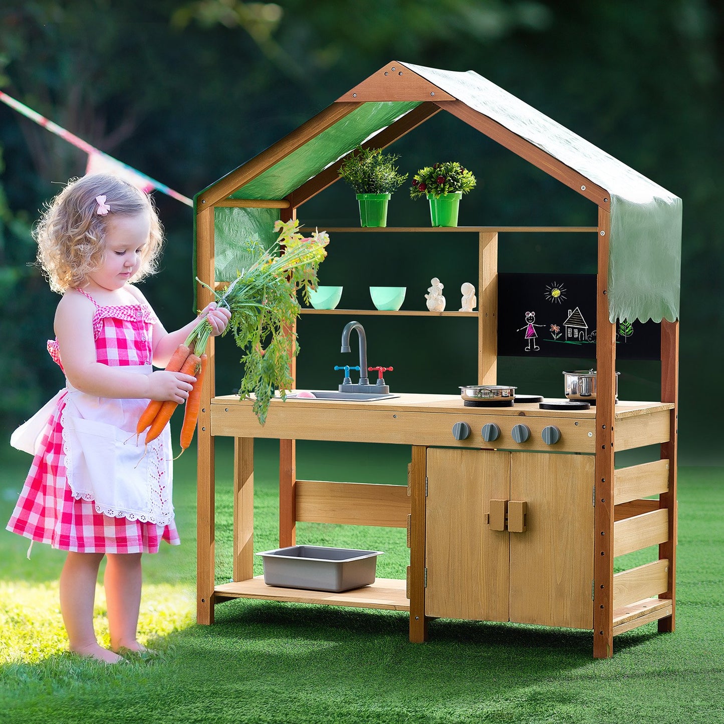 AI62 Decor Wooden Mud Kitchen for Kids with Accessories & Blackboard