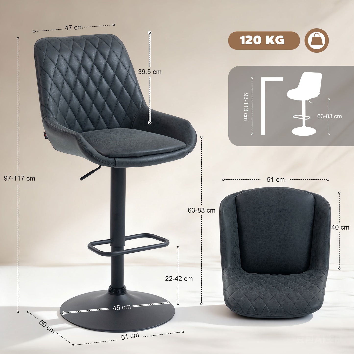 AI62 Decor Set Of Two Faux Leather Retro Bar Stools - Black