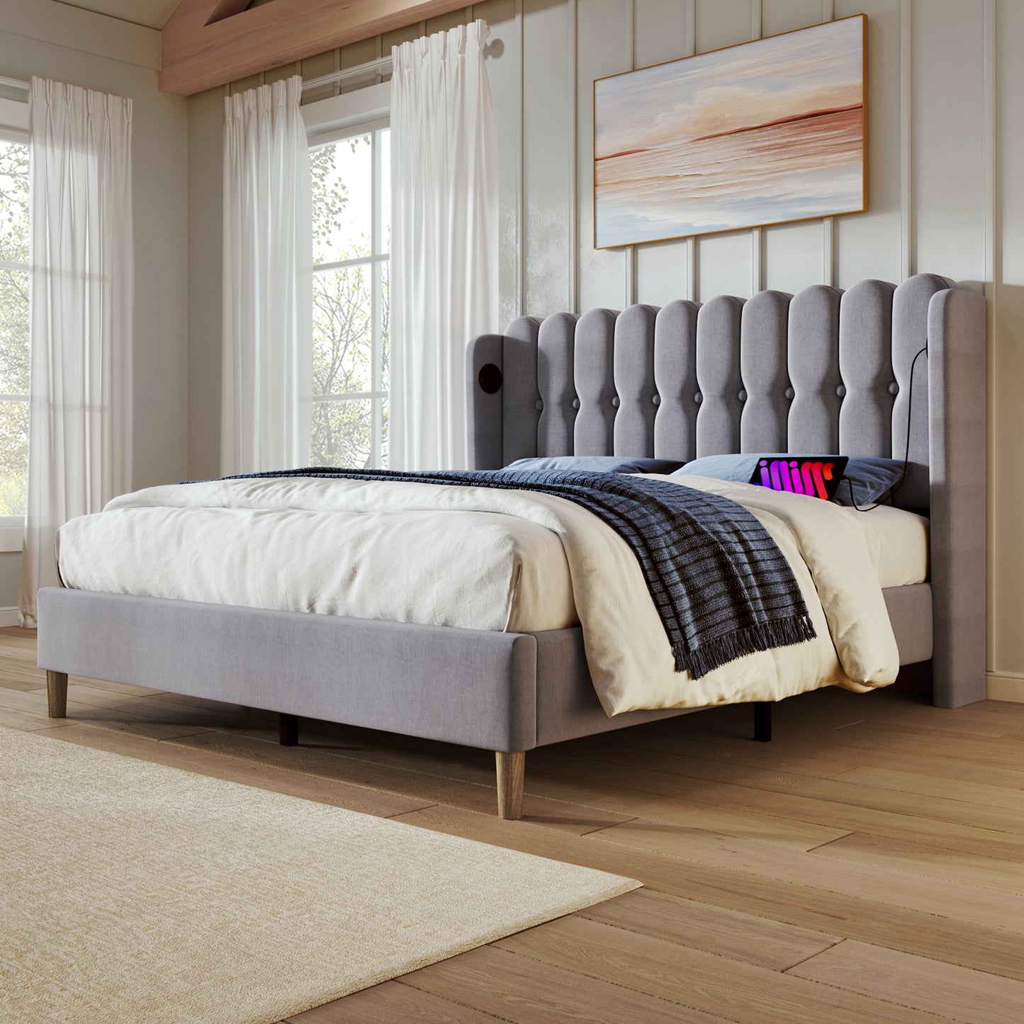 AI62 Decor Grey Linen Double Bed with USB & Type-C Charging