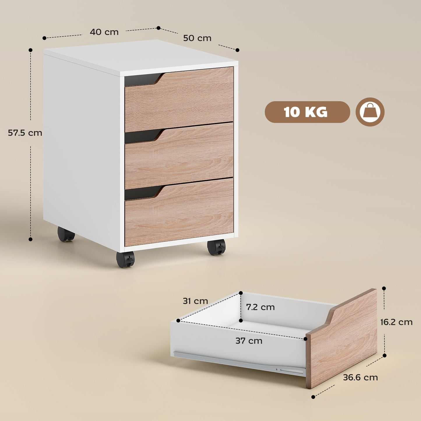AI62 Decor 3-Drawer Mobile File Cabinet with Wheels – Oak