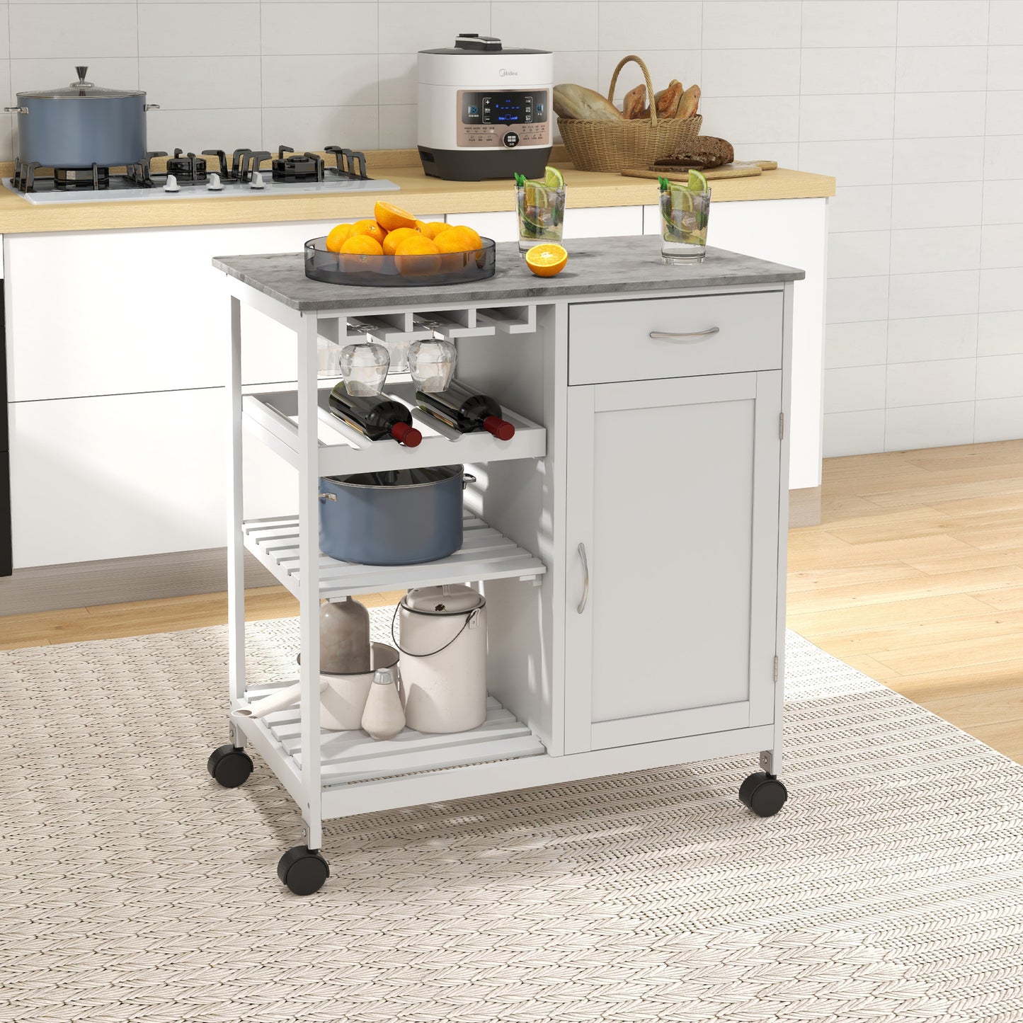 AI62 Decor Compact Kitchen Trolley Cart with Wine Rack & Cabinet White