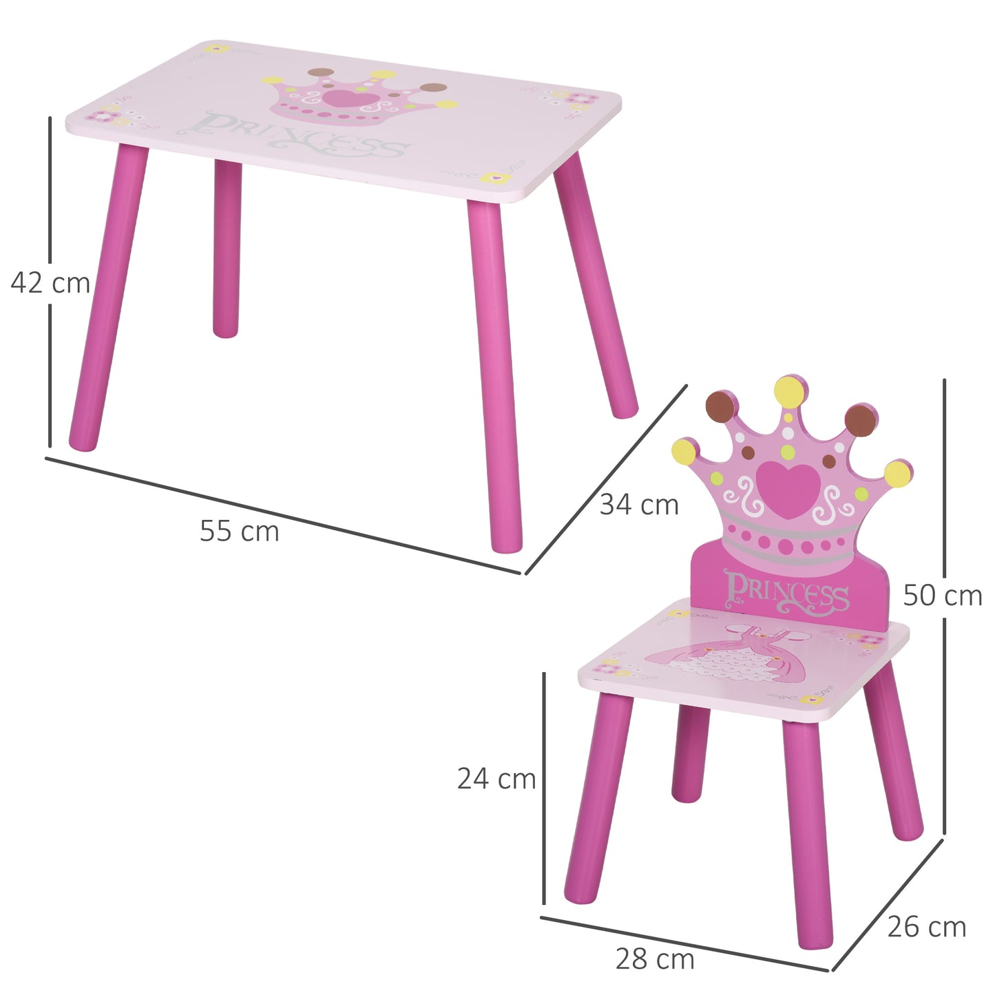 AI62 Decor 3-Piece Kids Princess & Crown Table Chair Set