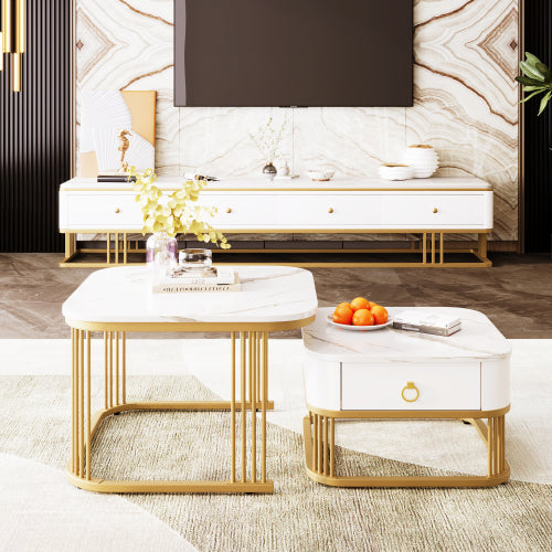 AI62 Decor High Gloss Marble Nesting Coffee Tables with Gold Accents