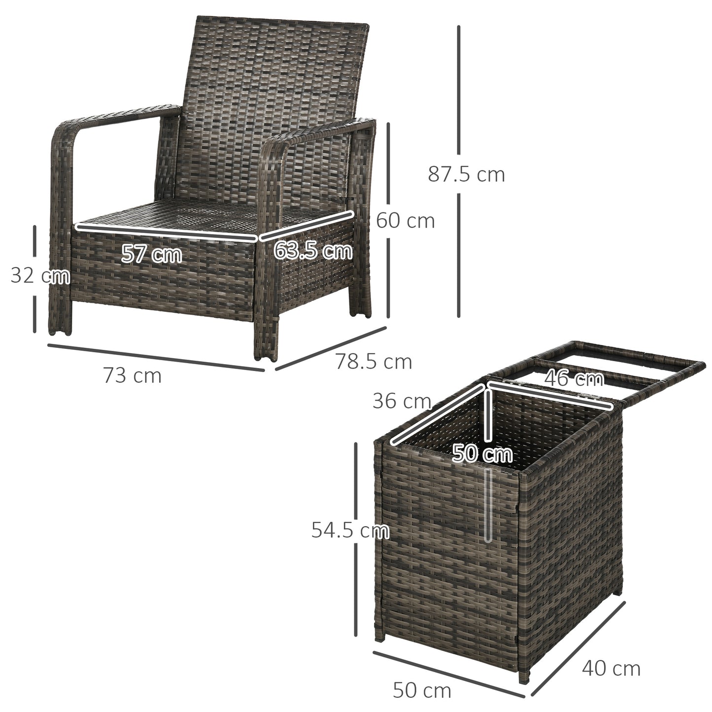 AI62 Decor 3-Piece Rattan Bistro Set with Storage Table & Cushioned Chairs – Grey