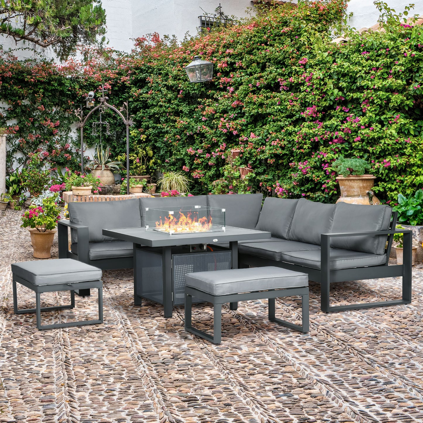 AI62 Decor 6-Piece Grey Aluminium Garden Furniture Set with Fire Pit Table & Cushions