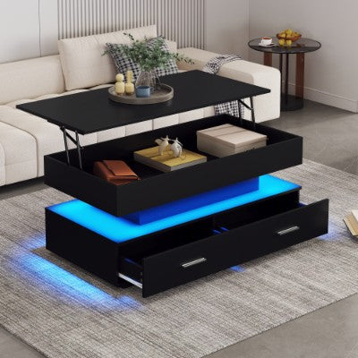 AI62 Decor Black Lift Top Coffee Table with LED Lights & Storage – 2 Drawers, Hydraulic Design