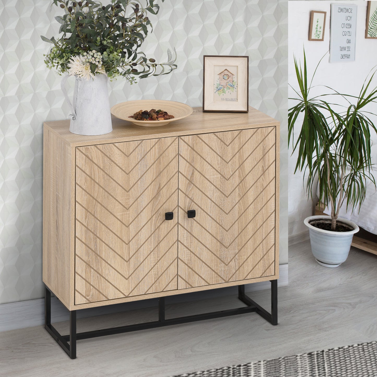 AI62 Decor 2-Tier MDF Storage Cabinet with Steel Frame & Handles – Oak, 80x80x29.5cm