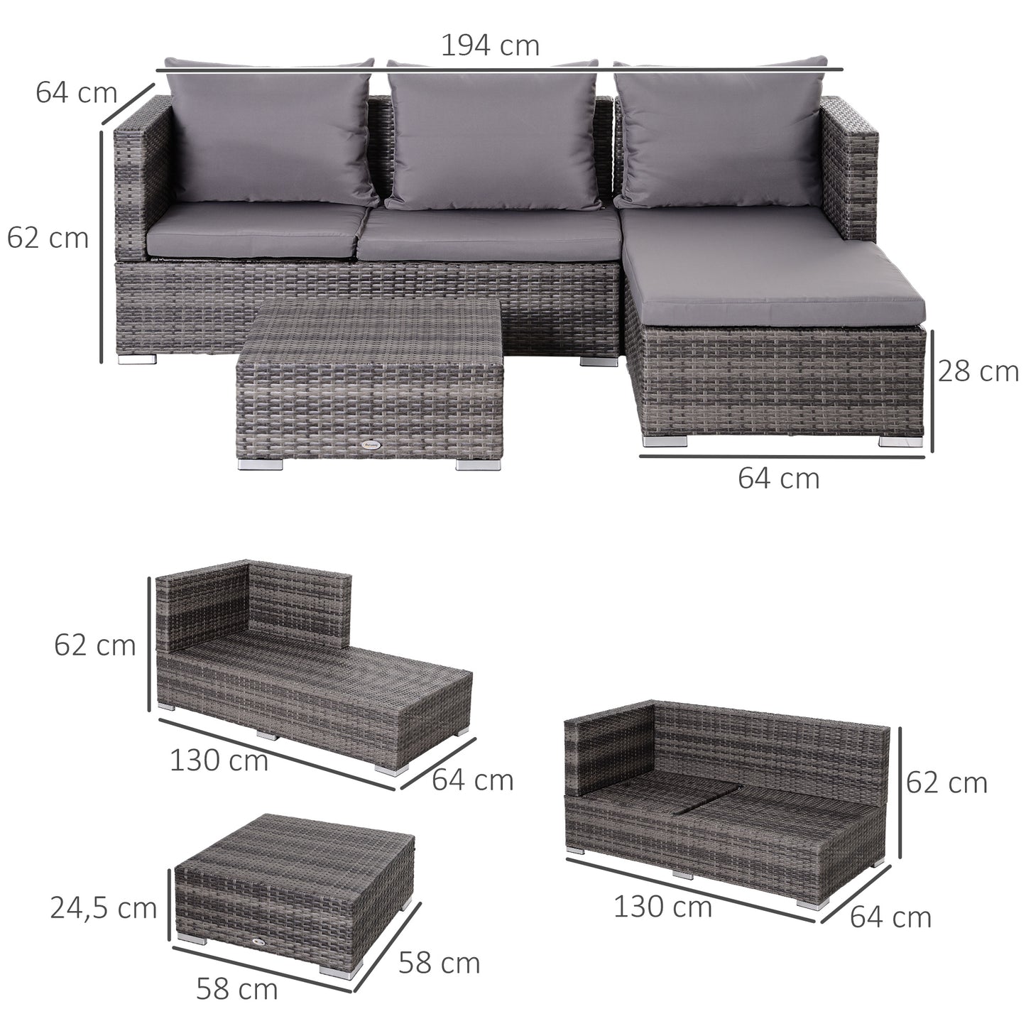 AI62 Decor 3-Piece Grey Rattan Garden Sofa Set with Coffee Table & Cushions – 4 Seater