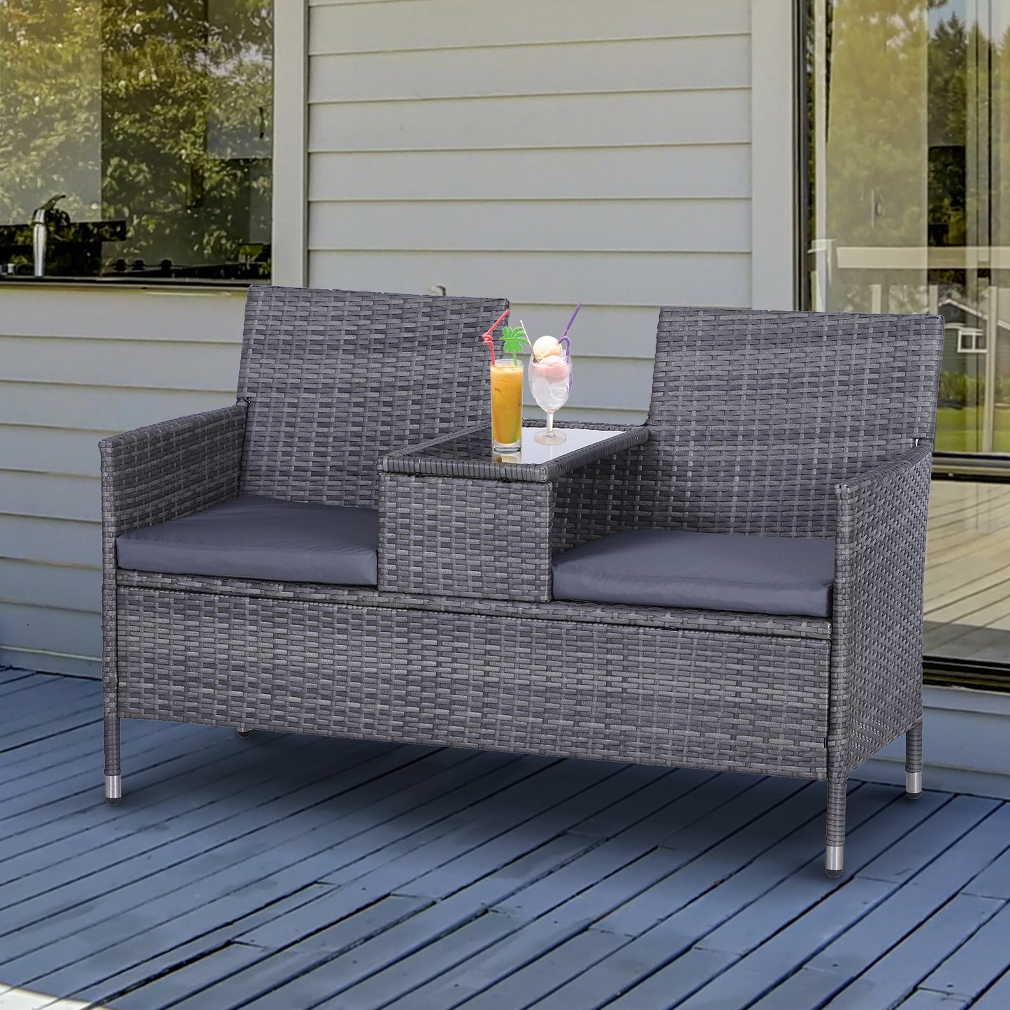 AI62 Decor 2-Seater PE Rattan Outdoor Garden Bench W/ Centre Table Grey