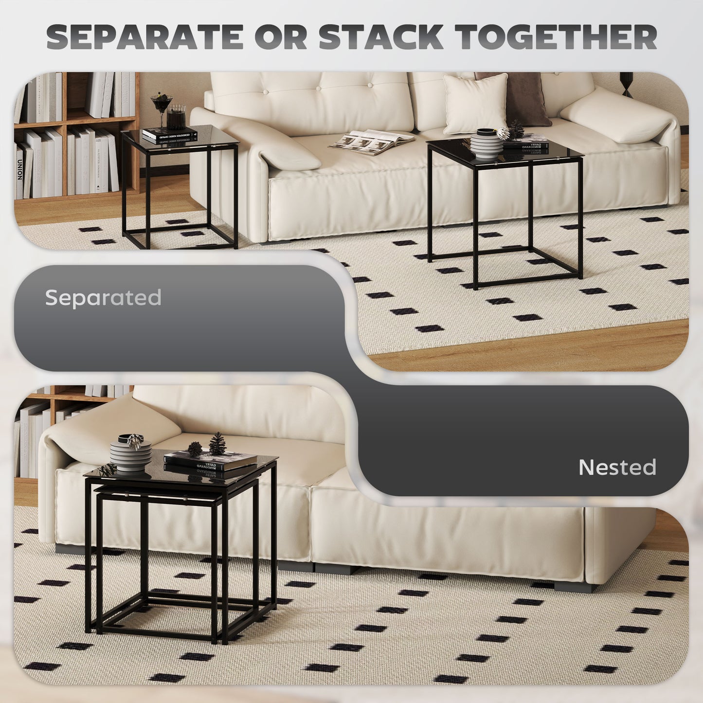 AI62 Decor 2-Piece Nesting Coffee & Side Tables with Glass Top – Black