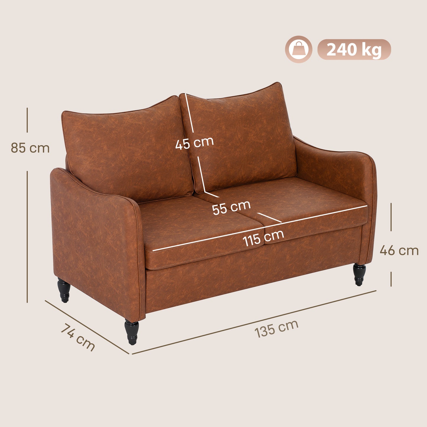 AI62 Decor Faux Leather Marble-Effect Two-Seater Sofa - Brown