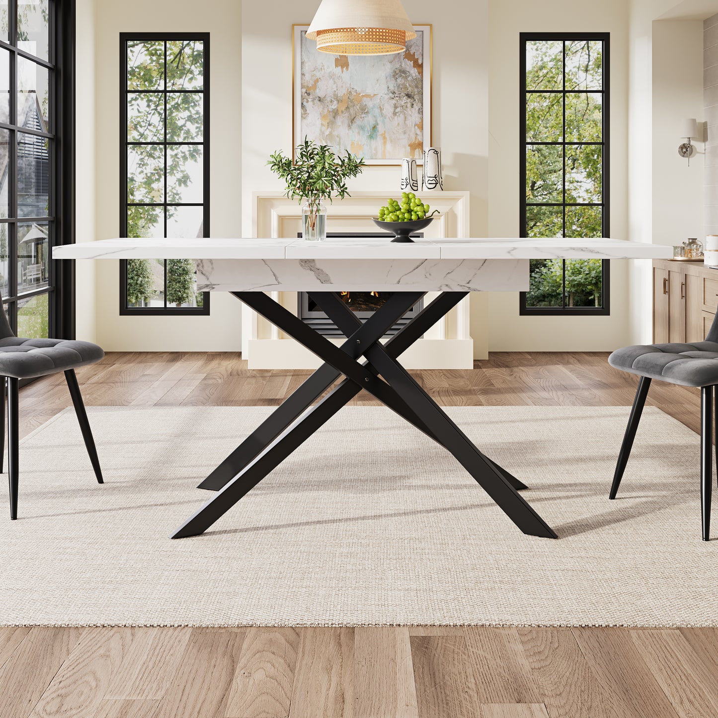 AI62 Decor White Marble Telescopic Dining Table with Black Crossed Iron Legs