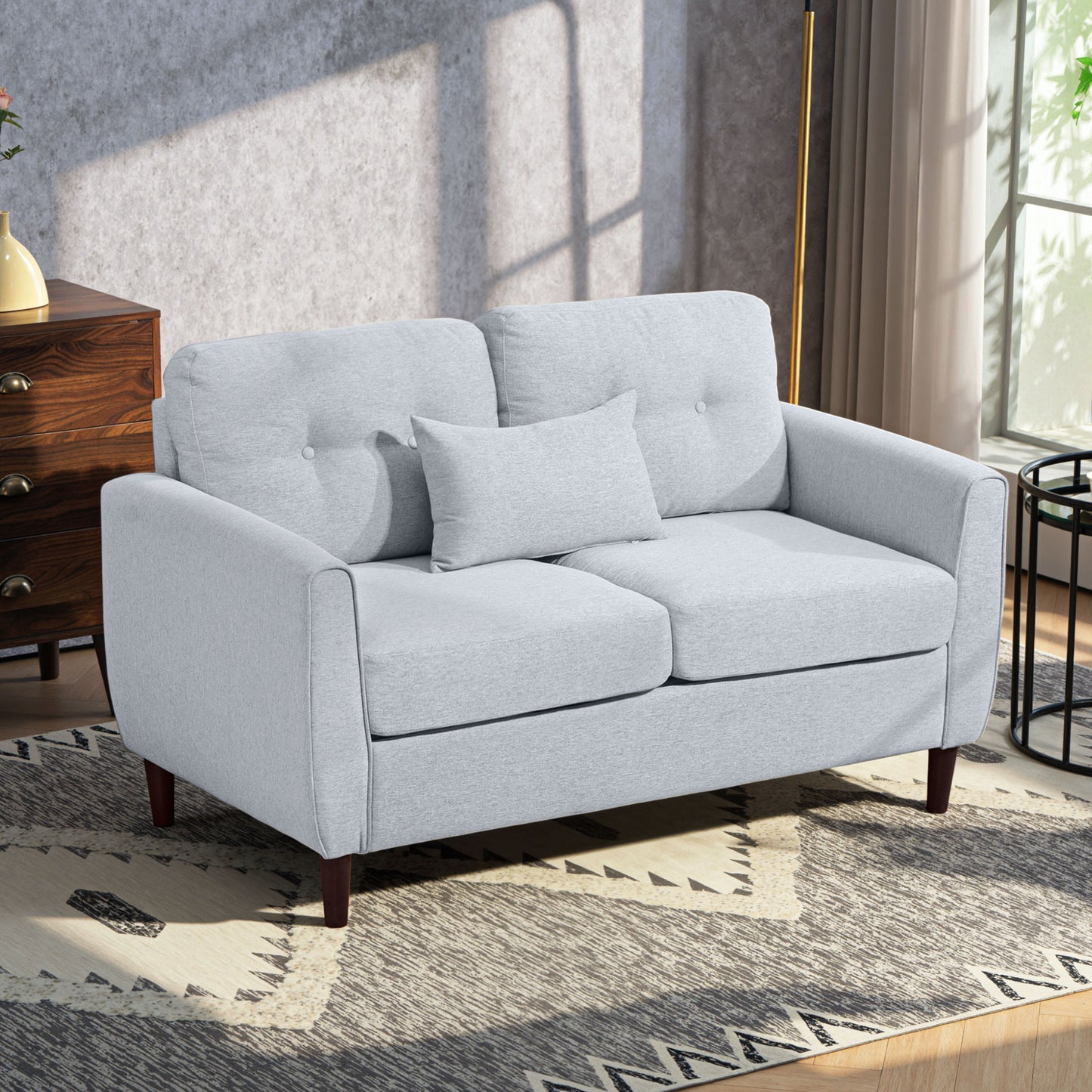 AI62 Decor 2-Seater Fabric Sofa with Spring Cushions, Wooden Legs – Light Grey
