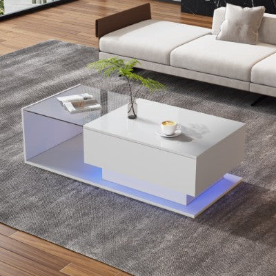 Modern LED Coffee Table with Glass & Drawer AI62Decor