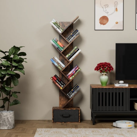 AI62 Decor 9-Tier Tree Bookshelf with Drawer for Living Room & Office
