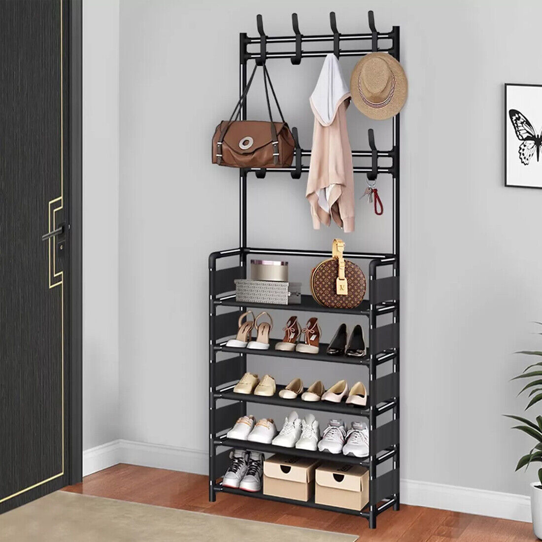 AI62 Decor 8-Hook Coat & Hat Stand with 5-Tier Shoe Rack – Black
