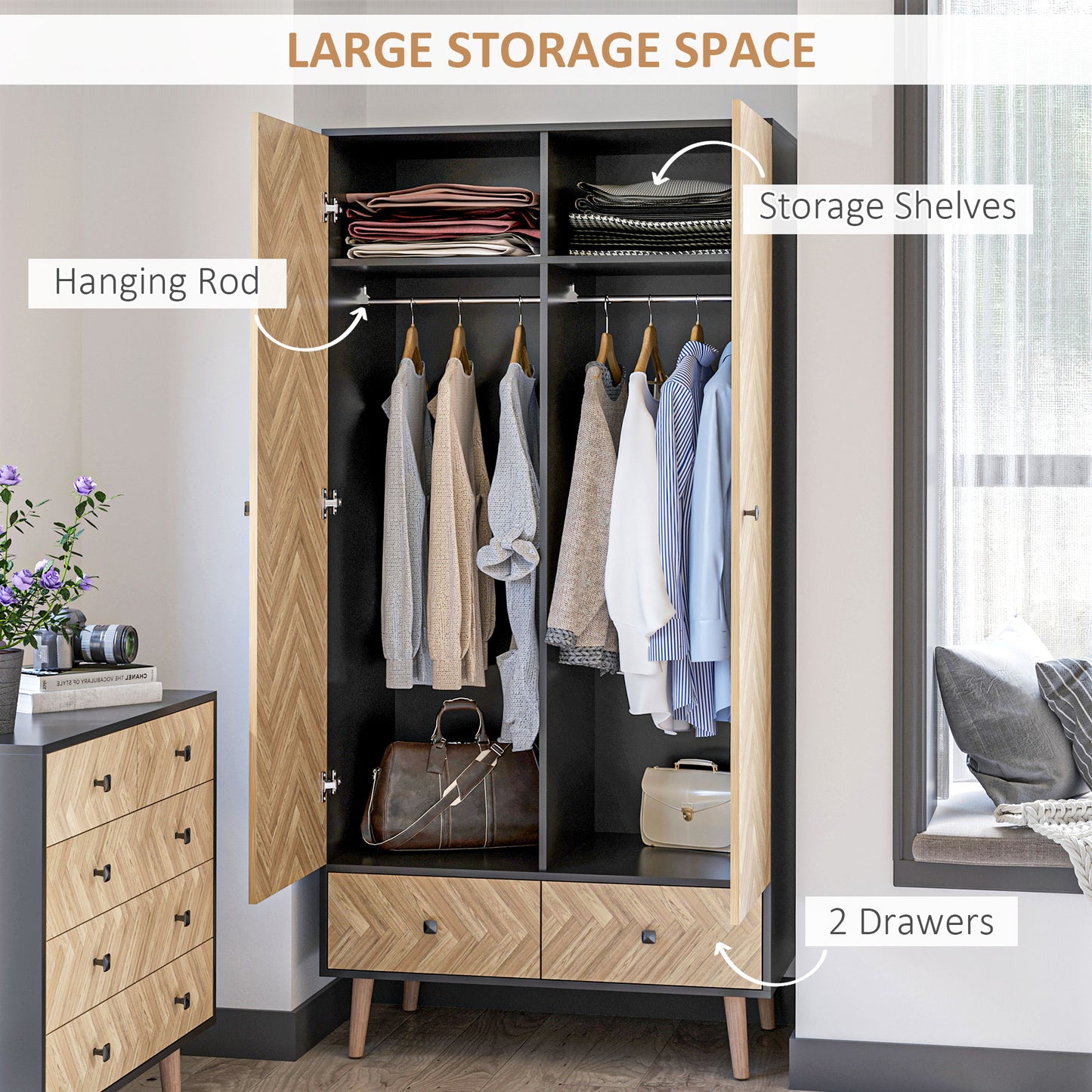 AI62Decor Modern Wardrobe Cabinet with Shelves, Hanging Rod & Drawers