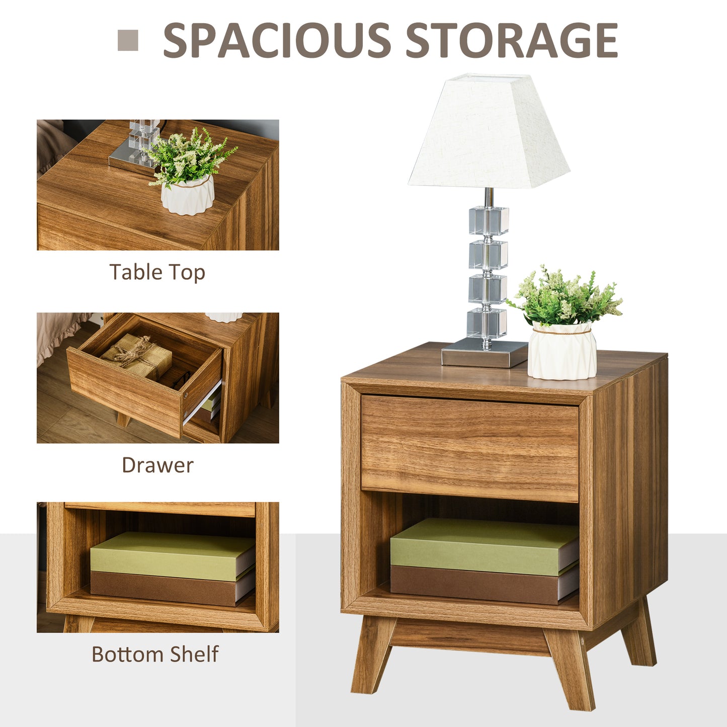AI62 Decor Modern Bedside Table with Drawer & Shelf – Walnut Brown