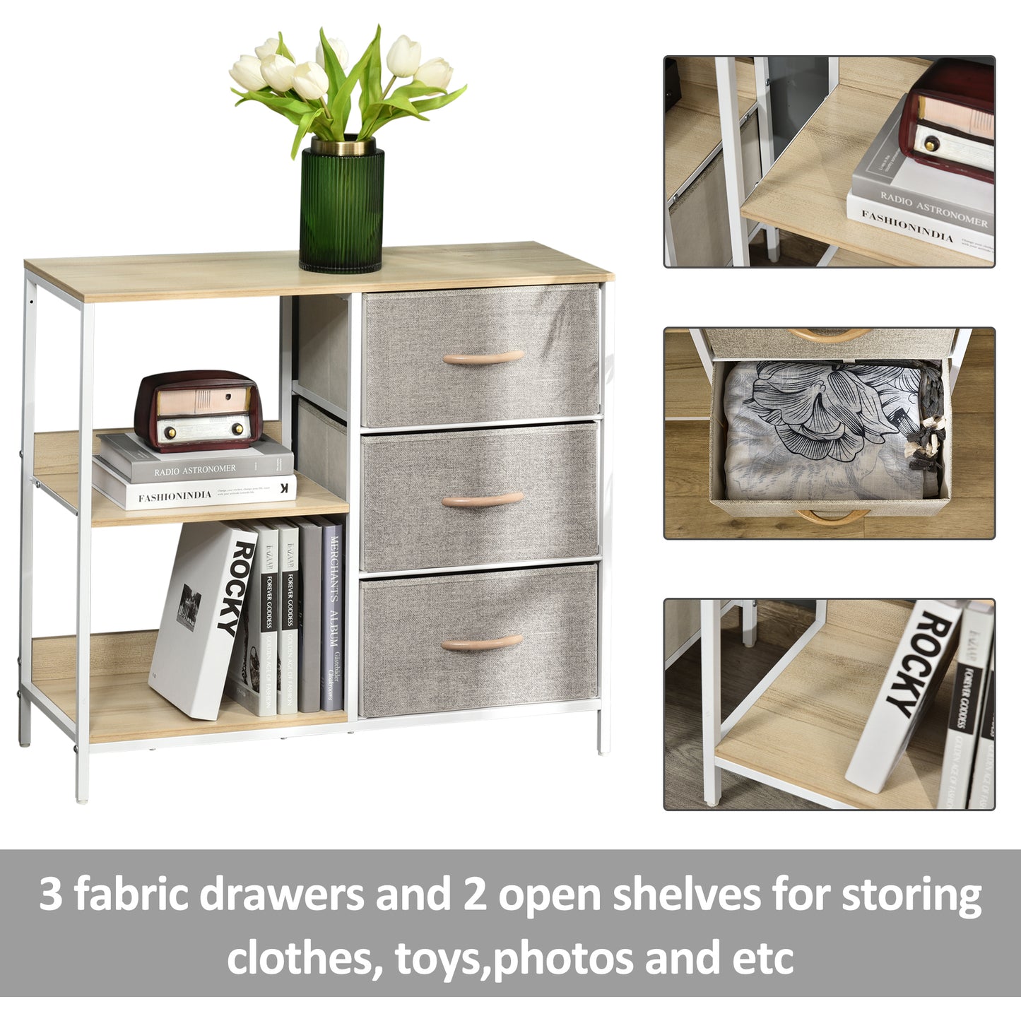 AI62 Decor 3-Drawer Chest with 2 Shelves – Beige Storage Cabinet