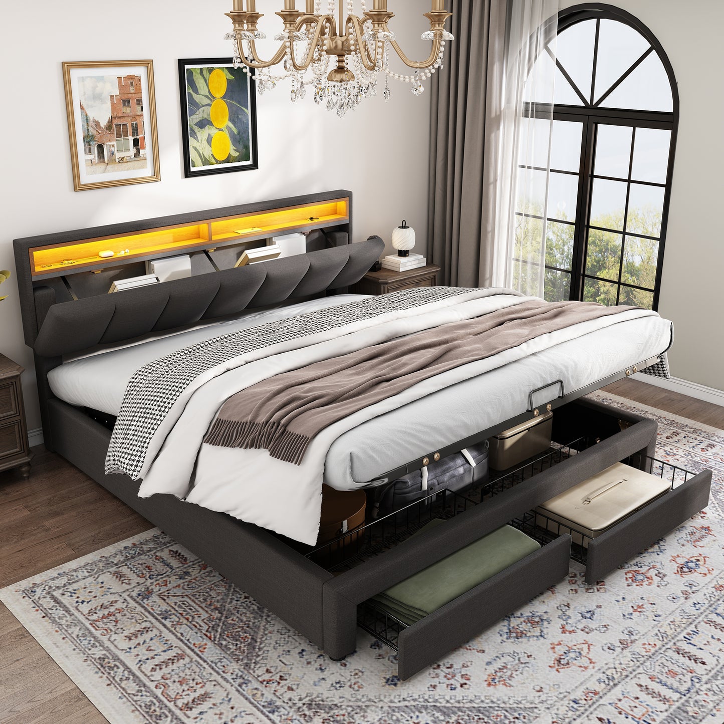 AI62 Decor LED King Size Bed with Storage & Foam Headboard - Grey