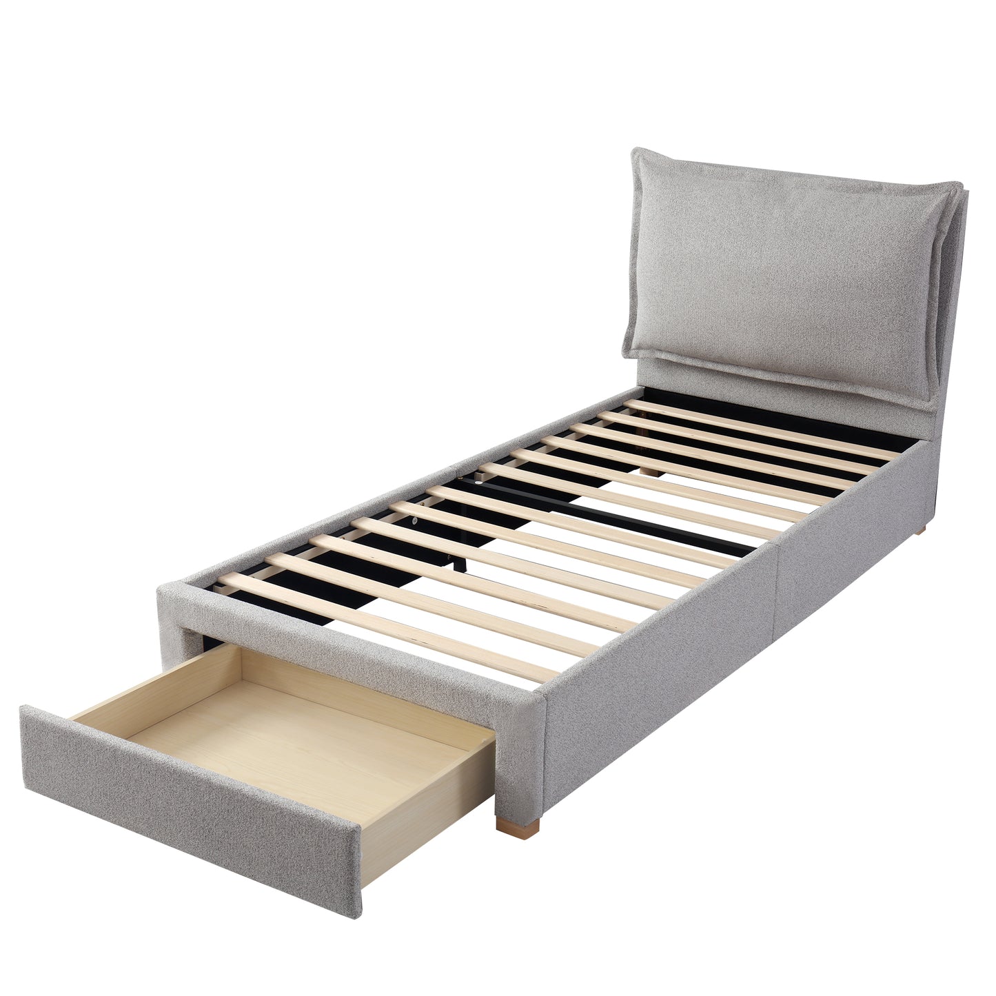 AI62 Decor Chenille Upholstered Single Bed with Storage & Headboard – Grey
