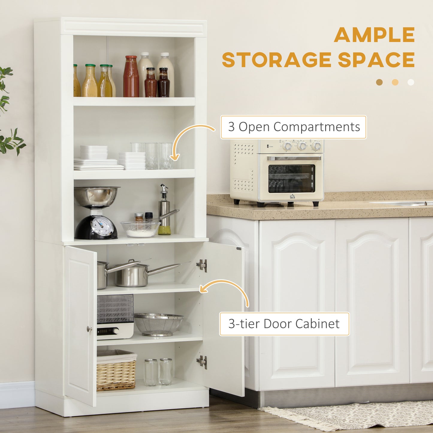 AI62 Decor 6-Tier Kitchen Cupboard with Doors & Open Shelves, White