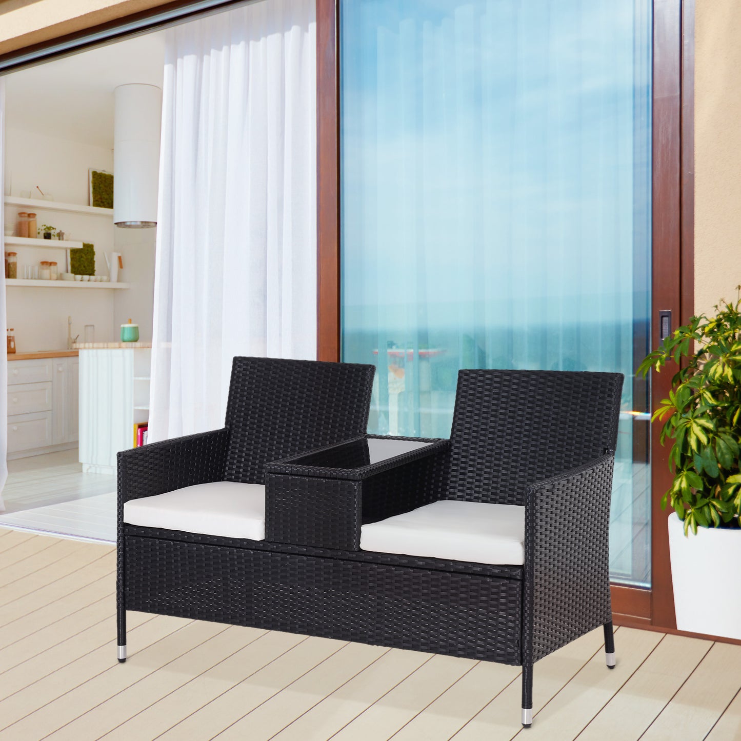 AI62 Decor 2-Seater Rattan Chair Set W/Middle Tea Table-Black