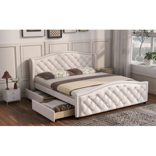 AI62 Decor Upholstered 135x190cm Bed with Drawers & Riveted Headboard – White